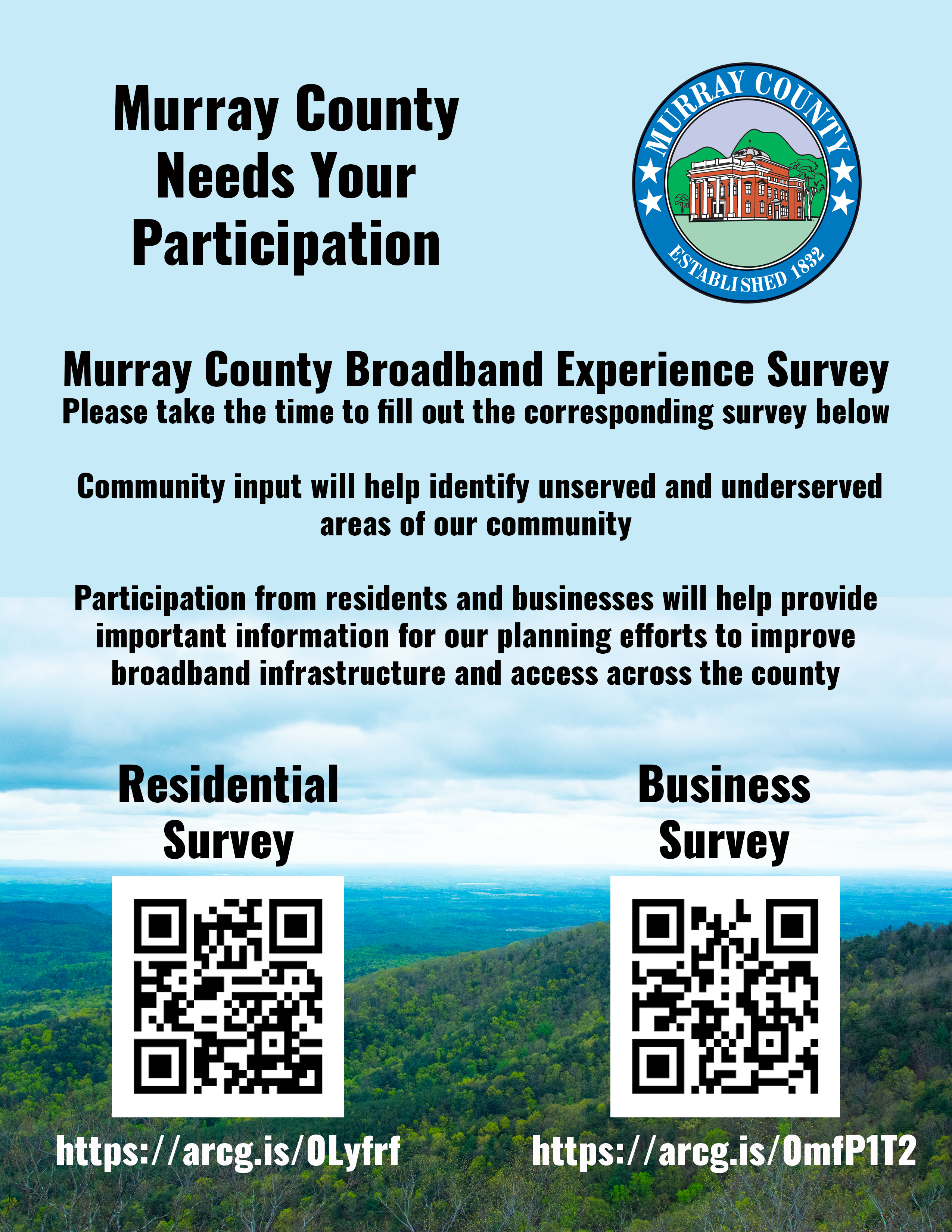 a picture with qr codes and a description of Murray County's Broadband Enhancement Survey